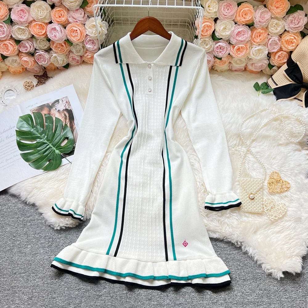 Ruffled Knit Puff-Sleeve Mini Dress | Solid Turn-Down Collar Bodycon | Elegant Autumn Medium-Stretch Streetwear Sheath Luxegan