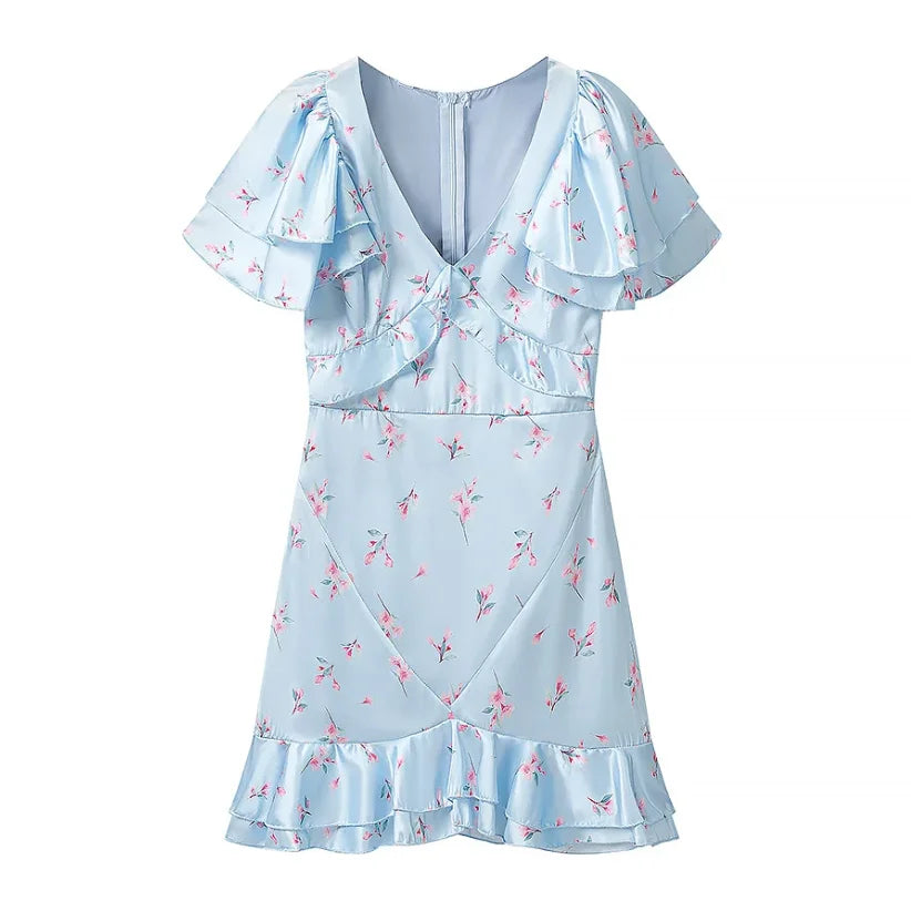 Print V-Neck Half-Length Puff Sleeve Slim Sheath Mini Dress – Polyester, Natural Waist, Summer Luxegan