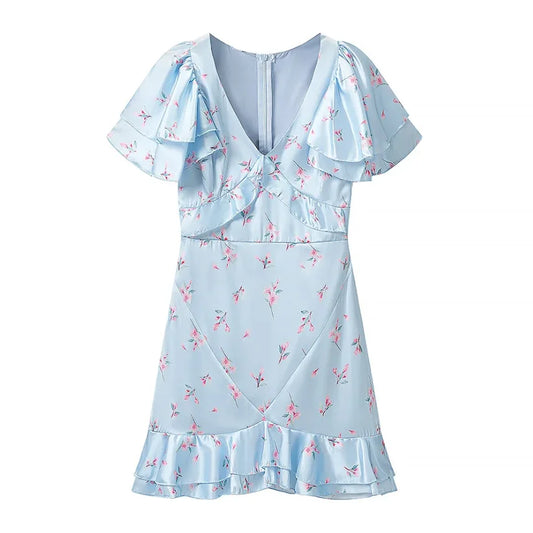Print V-Neck Half-Length Puff Sleeve Slim Sheath Mini Dress – Polyester, Natural Waist, Summer Luxegan