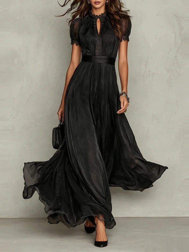 Solid Round Neck Short Sleeve Lace Detail Regular Fit A-Line Ankle-Length Dress – Empire Waist, Summer Luxegan