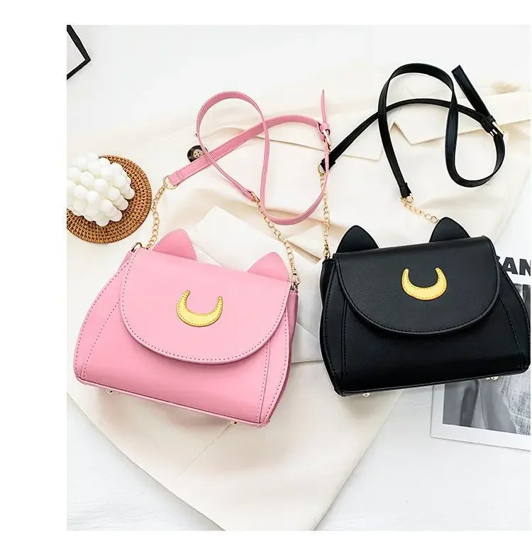 Sailor Moon Inspired Luna Cat Bag | Sophisticated PU Leather Square Shoulder Purse | Elegant Black Chain-Strap Messenger | "Dignified" Soft Crossbody for Versatile Fashion Styling Luxegan