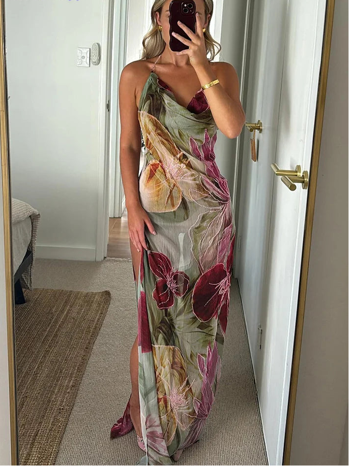 Floral Print Halter Swing Collar Backless Bodycon Maxi Dress | Bead Chain Hollow Out Vacation Beach Party DressLuxegan
