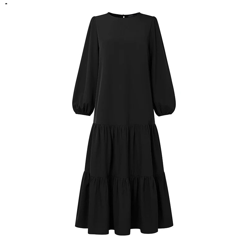 Solid O-Neck Lantern Sleeve Regular Fit A-Line Midi Dress – Natural Waist, Jersey, Autumn Luxegan