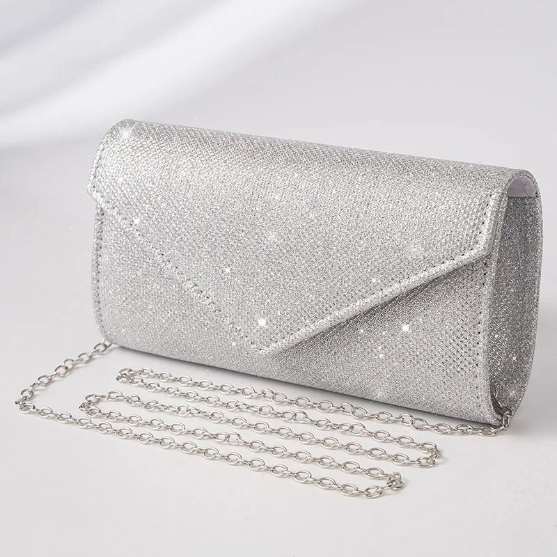 Women Envelope Evening Bag Glitter Ladies Chain Shoulder Bags | Shiny Silver Long Purse Female Wedding Party Clutches Mini Handbag Luxegan