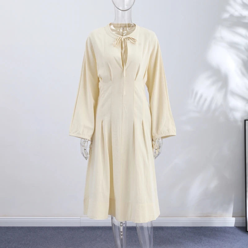 Women's Lace-Up Lantern Sleeve A-Line Midi Dress Luxegan