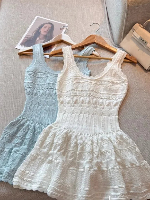 O-Neck Spaghetti Strap Sleeveless Hollow-Out Slim Fit A-Line Mini Dress – Empire Waist, Knit, Summer Luxegan