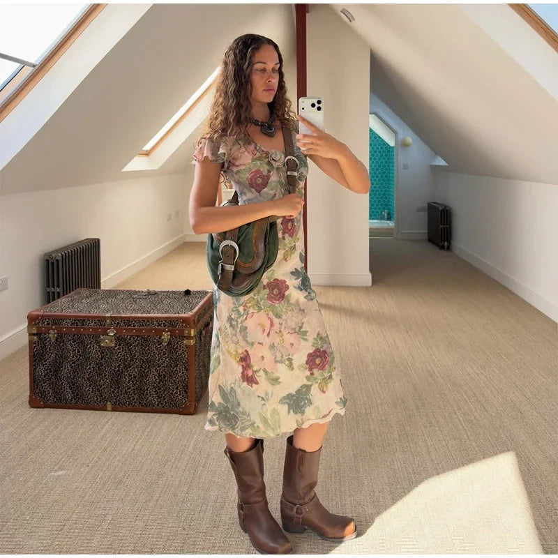Flutter Sleeves Slim Long Dress Women Casual Pleated Deep V-neck Floral Print High Waist Dresses 2026 Lady Summer Holiday Wear