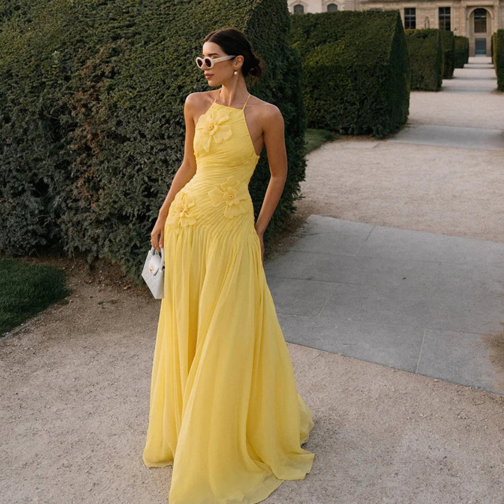 Women's Halter Neck Evening Dress | Handmade Pleated Yellow Chiffon Gown | Elegant A-Line Floor-Length Prom Dress | Premium Sleeveless Formal Occasion Robe Model sxy25091208