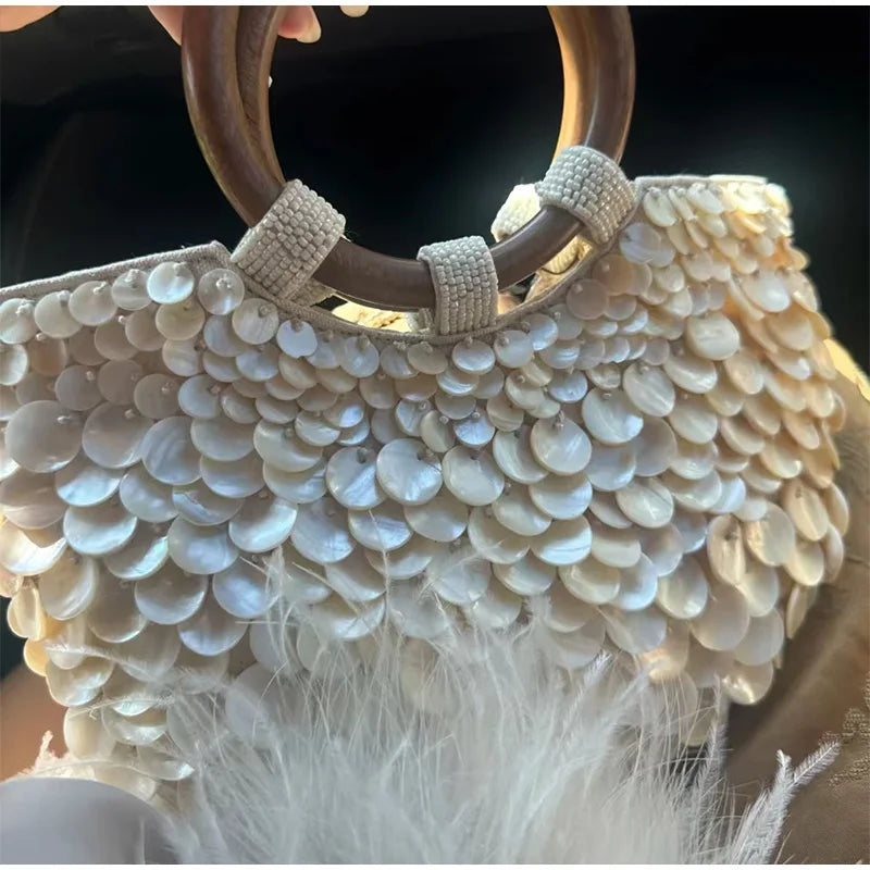 Designer Women's Pearlescent Inlay Half Moon Crossbody Bag | Exquisite Shell Beaded Handbag with Sequin & Wooden Handle Tote Luxegan