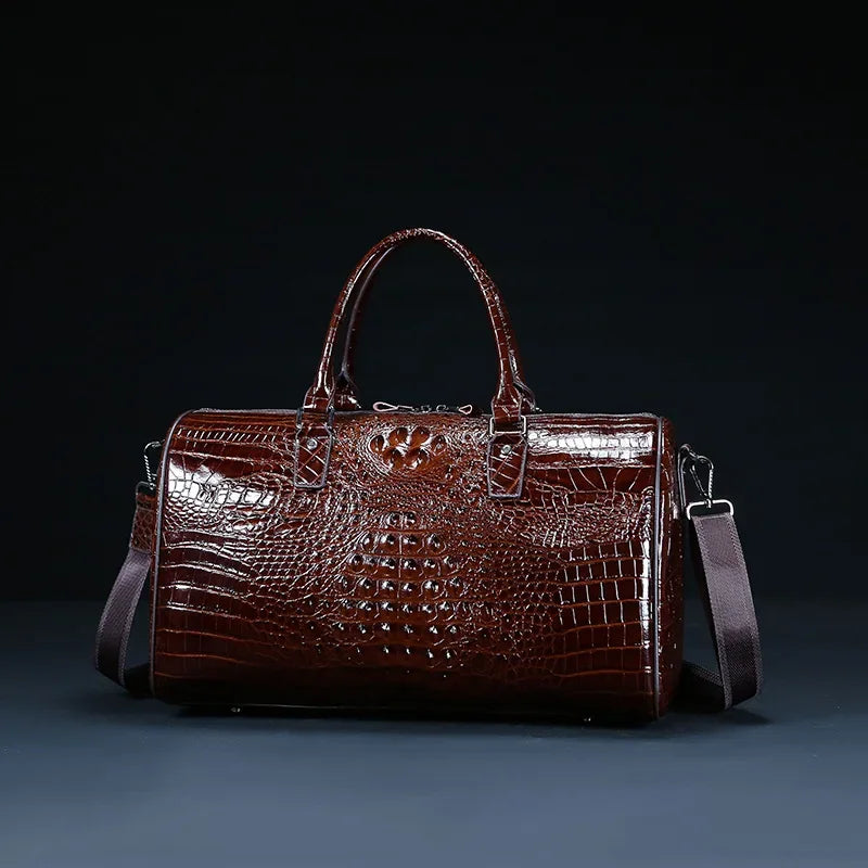 Men's Luxury Genuine Cow Leather Travel Duffle Bag | Large Capacity Portable Alligator Texture Weekender | Premium Male Shoulder Crossbody Overnight Bag | Versatile Soft Shell Luggage Master Model 20220802e Luxegan
