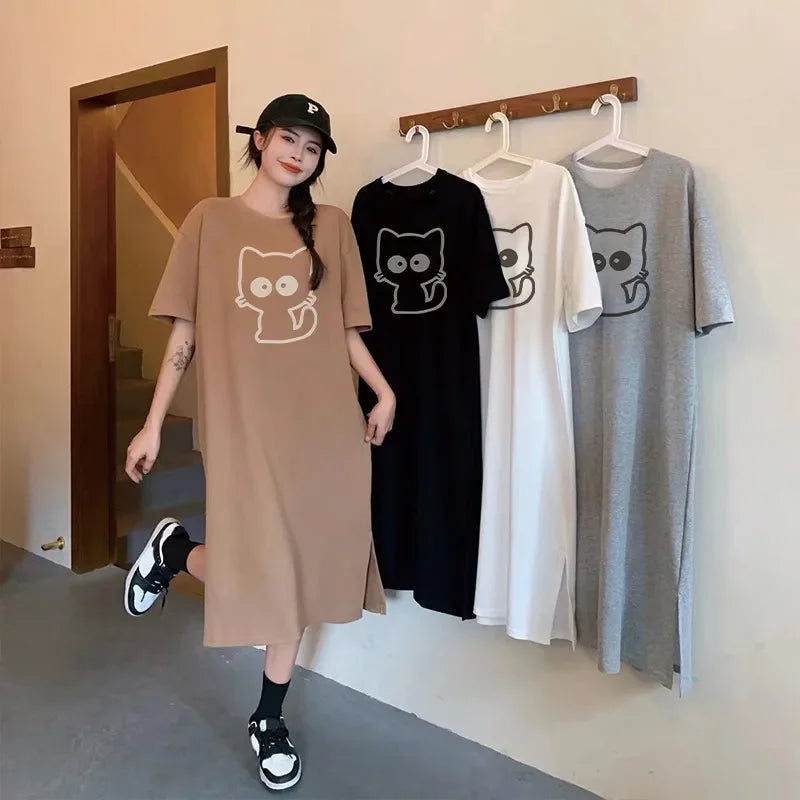 Women's New Cartoon Cat Print Dress | Cute Summer Autumn Short Sleeve Loungewear | Casual Loose Fit O-Neck Home Dress | Premium Non-Woven Slight Stretch Knee-Length A-Line Vestido