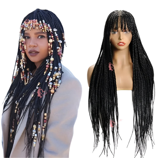 Box Braids Wig with Bangs | Full Lace Front | Twisted Knotless | Cornrow Accents | Synthetic Hair