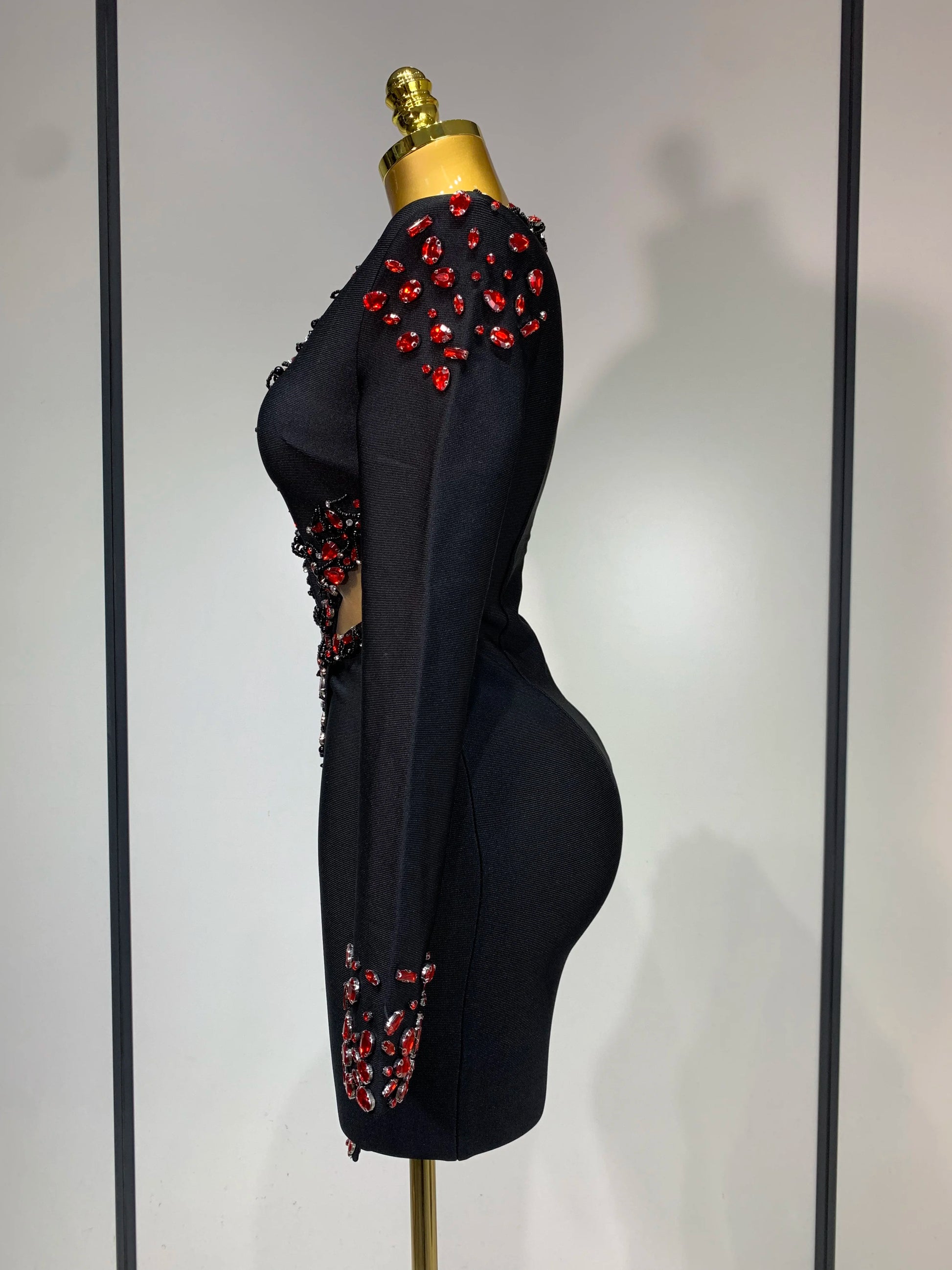 Women's Black Long Sleeve V-Neck Rhinestone Bandage Dress Luxegan