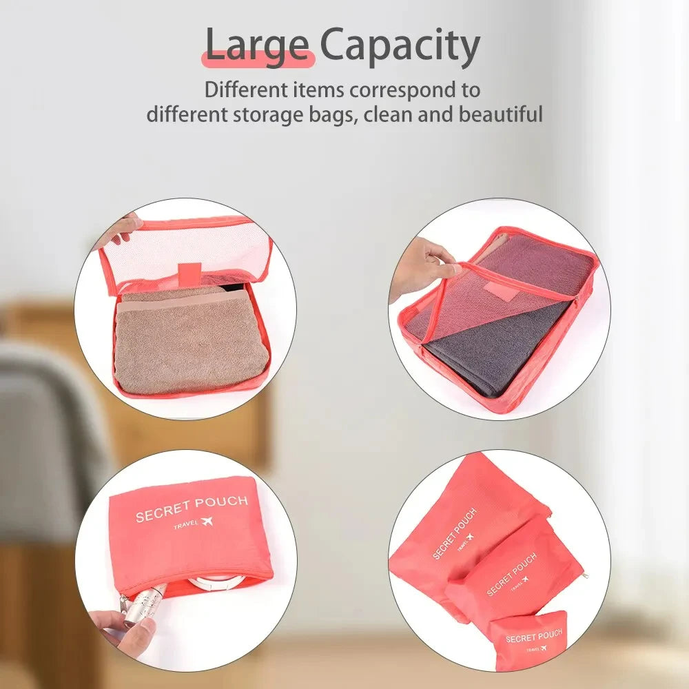 6Pcs Luggage Travel Bags | Underwear Shoes Storage Bag & Oxford Waterproof Cloth Suitcase Pouch Cube (Red Organiser for Clothing) Luxegan