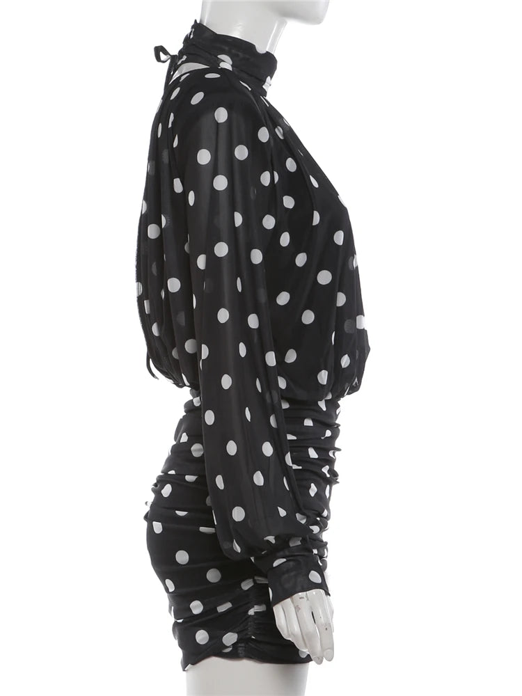 Women's See-Through Mesh Mini Dress | Elegant Turtleneck Full Sleeve Bodycon Gown | Polka Dot Print Skinny Ruched Dress | Premium High Stretch Patchwork Slim Fit Sheath Vestido Model K25D88364 Luxegan