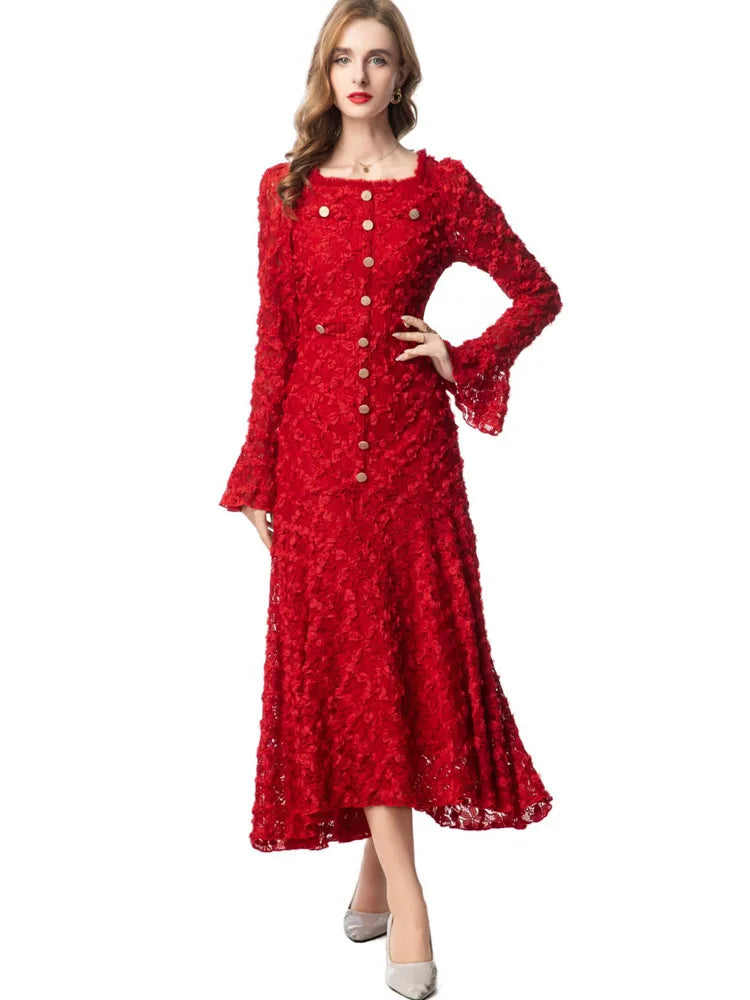 Solid High Street Square Neck Long Sleeve Slim A-Line Mid-Calf Dress – Cotton and Polyester, All Season Luxegan