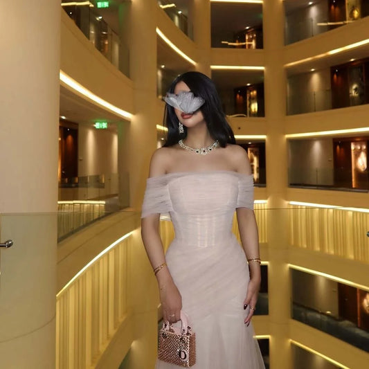 Mila Blush Vestidos de Fiesta sin Hombros con Cuerpo Fruncido de Tul y Falda Sirena hasta el Suelo para Noche Formal Personalizados 2026
