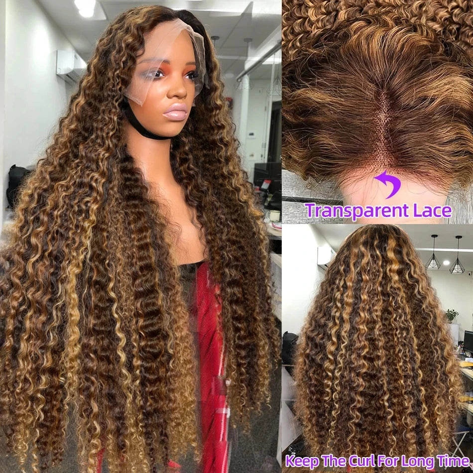 250% Density Honey Blonde Highlight Deep Wave HD Lace Wig | Sophisticated 13x6 & 13x4 Transparent Frontal | Elegant "100% Brazilian Remy" Silhouette | "Dignified" Pre-Plucked Ombre Colored Human Hair for Radiant Versatile Styling Luxegan
