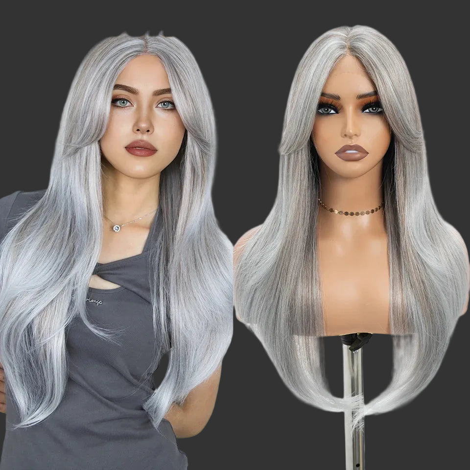 26-Inch Ombre Brown Highlight Blonde Synthetic Lace Front Wig with Bangs - Long Straight High Temperature Fiber Swiss Lace Wig - Transparent Lace Glueless Wig for Daily Use & Cosplay (197g) Luxegan