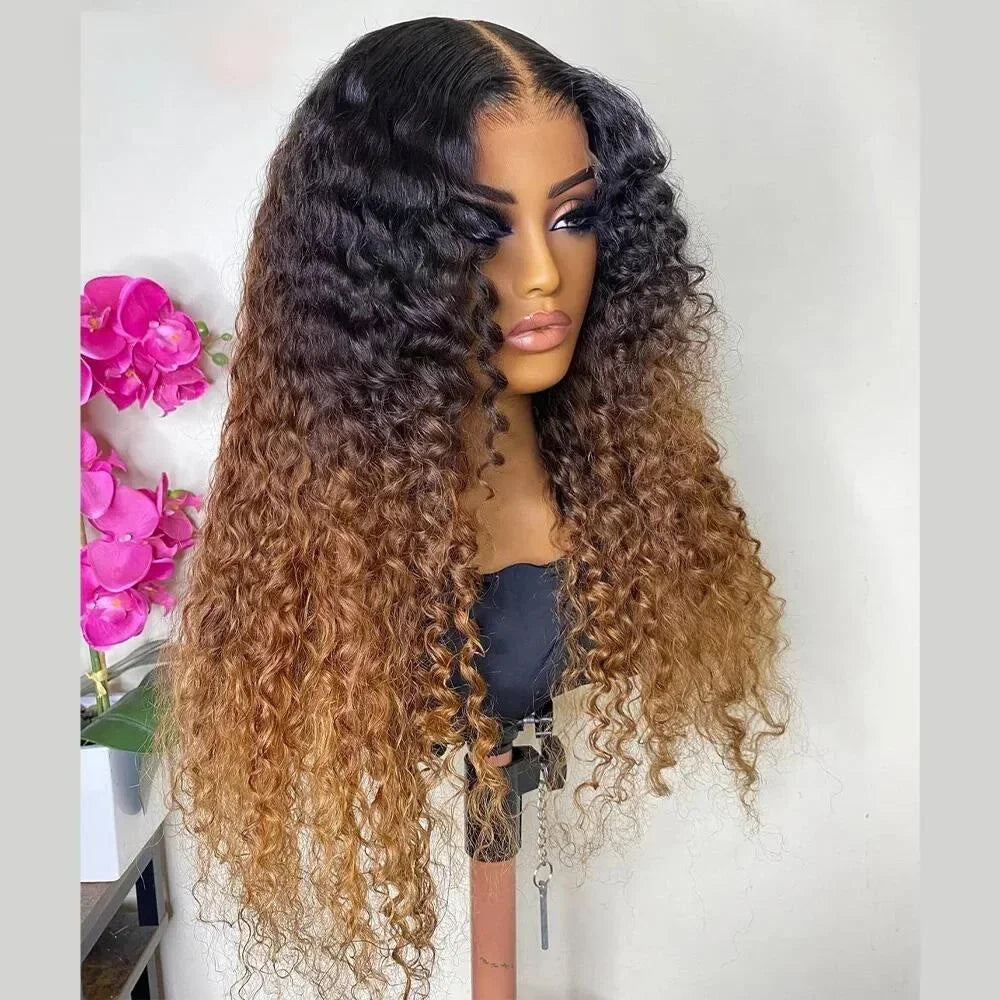 26-Inch Soft Brown Ombre Kinky Curly Wig | Sophisticated "Soft Transition" Lace Frontal | Elegant "High-Temperature Fiber" Silhouette | "Dignified" Pre-Plucked Glueless Synthetic Hair for Radiant Versatile Styling Luxegan