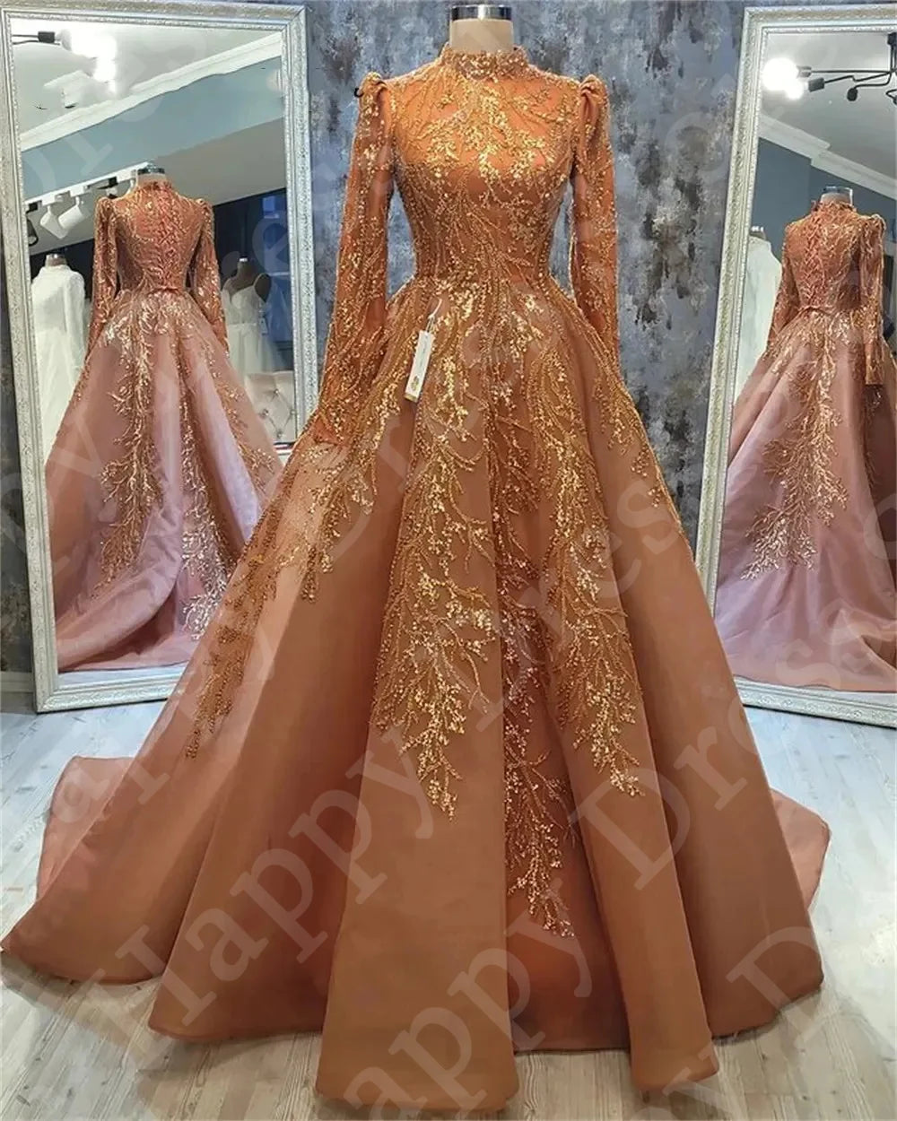 Muslim Arabic Luxury Appliques High-Neck Evening Dress | Exquisite 3D Full-Sleeve Gown | Tulle A-Line Floor-Length Formal Party Dress with Sweep Train Luxegan