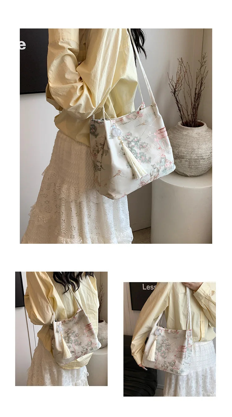 New Chinese Style Retro Silk Jacquard Bag | Sophisticated Minimalist Fashion Shoulder Bag | Elegant Single Strap Diagonal Crossbody | Luxury Silk Women’s Square Handbag with Smart Interior Luxegan