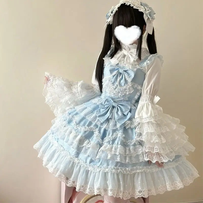 Women's Victorian Sweet Lolita Princess Dress | Kawaii Cute Lace Ruffle Flower Wedding Gown | Japanese Retro Elegant Bow Mini Dress | Premium Tatting Full Sleeve All Season Vestido Model LY014D5368 Luxegan