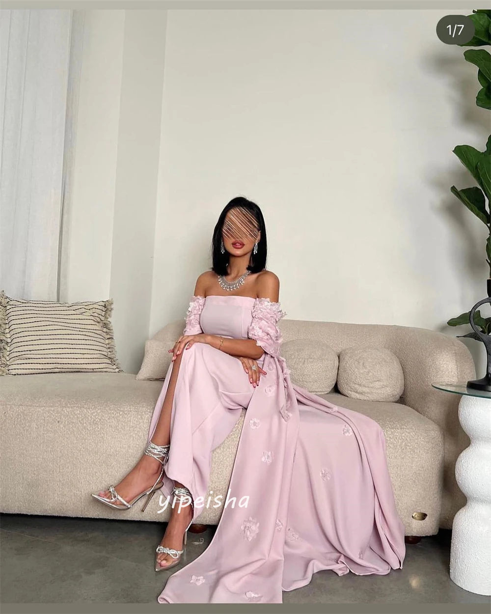 Appliqué Off-the-Shoulder Short Sleeve A-Line Floor-Length Formal Evening Dress – Polyester Satin, Built-In Bra, Natural Waist Luxegan