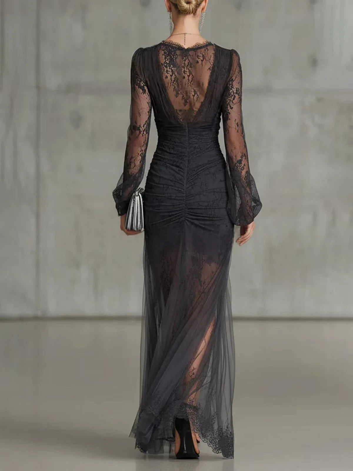 Solid V-Neck Long Sleeve Lace Detail Slim Fit Trumpet Mermaid Ankle-Length Dress – Empire Waist, All Season Luxegan