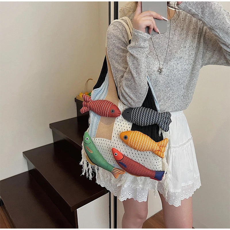 Creative 3D Fish Decoration Shoulder Bag | Fashionable Contrast Color Stitching Tote | Large Capacity Canvas Handbag with Animal Print | Soft Linen-Lined Casual Beach & Travel Bag Luxegan 