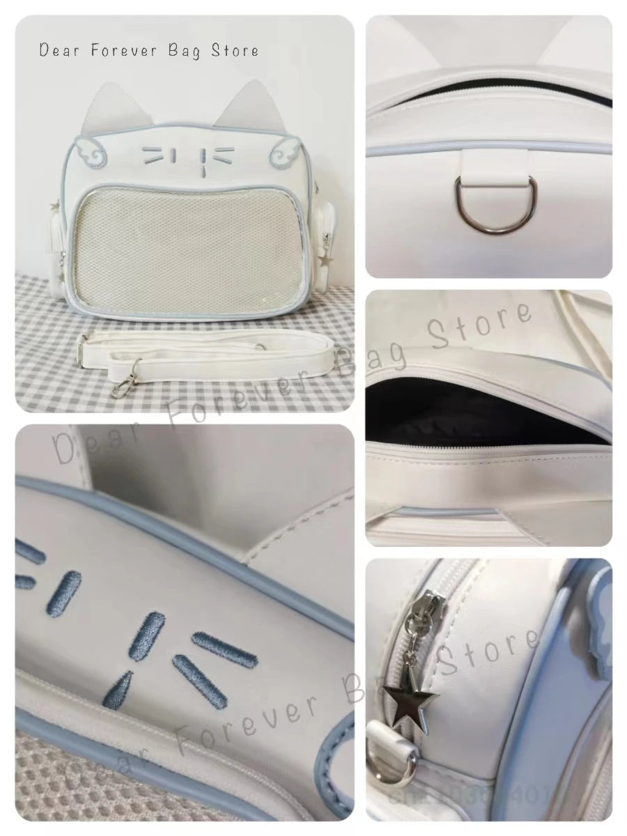 New Y2K Korean Kawaii Cat Ita Bag | Cute Transparent Window PU Shoulder Bag | Harajuku Crossbody & Fashion Backpack for Girls (Model 180) Luxegan