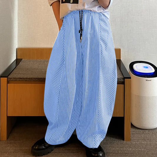Men's Striped Loose Casual Trousers | Sophisticated "Wide-Leg" Streetwear Silhouette | Elegant "Oversize" Fashion Joggers | "Dignified" High-Performance Drawstring Long Pants for Radiant Versatile Styling Luxegan