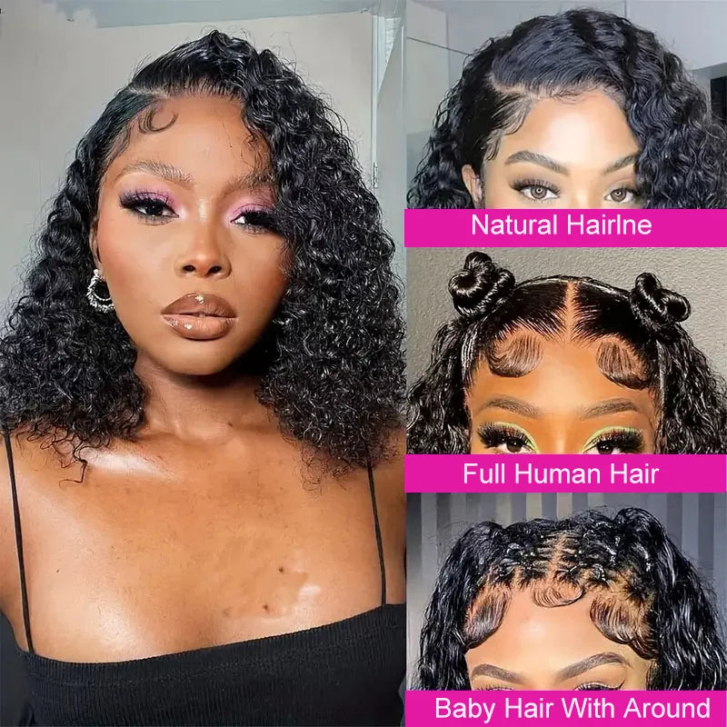Deep Curly Short Bob Human Hair Wig - 13x4 Transparent Lace Frontal & Deep Wave Part Wig - 100% Brazilian Remy Human Hair Glueless Natural Black Curly Bob Wig for Women Luxegan