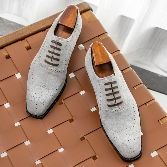 Luxury Men's Cow Suede Wedding Brogues | Sophisticated British Style Genuine Leather Shoes | Elegant "Handmade Quality" Silhouette | "Dignified" Platform Dress Shoes for Radiant Versatile Autumn Styling Luxegan 
