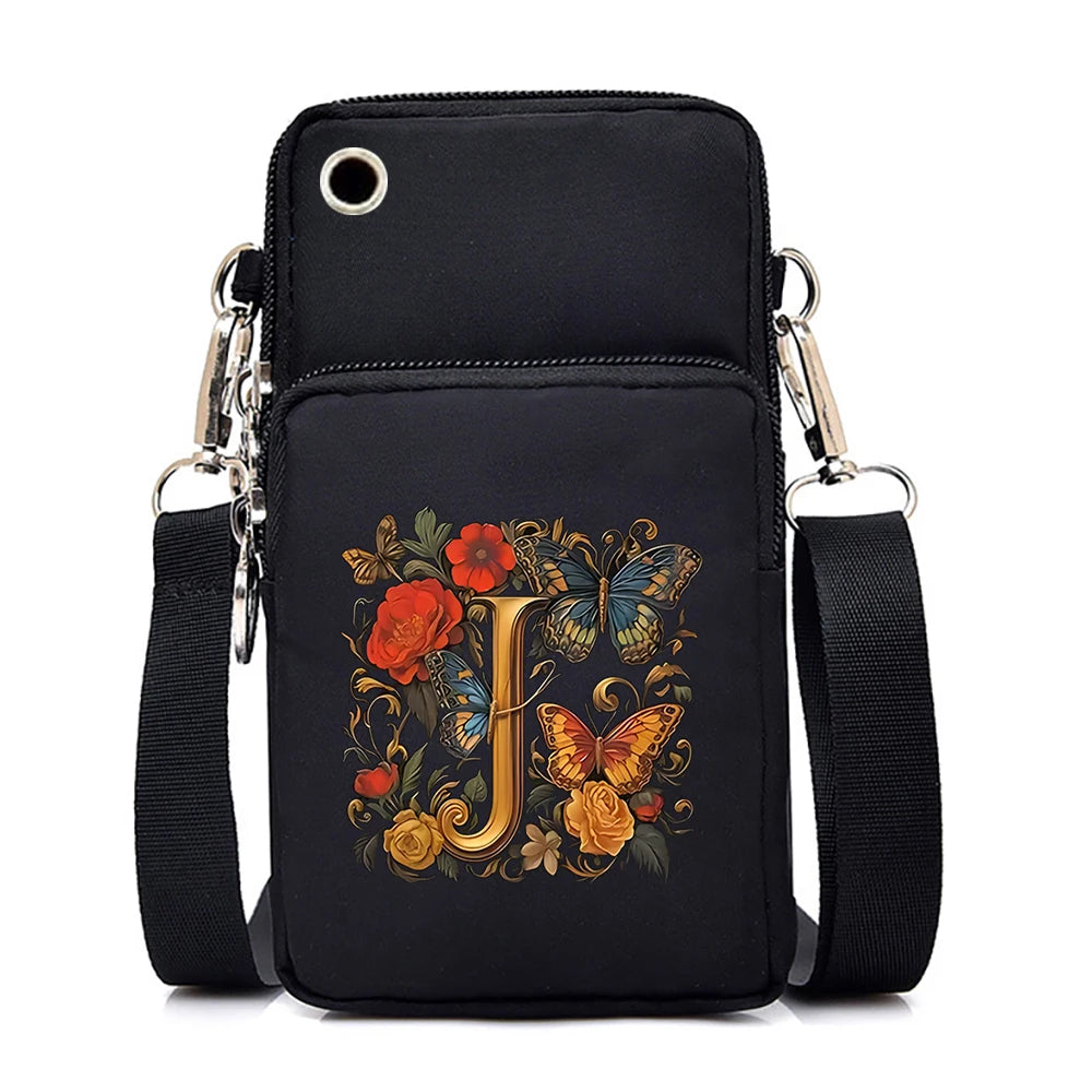 Women’s Small Crossbody Mobile Phone Bag | Sophisticated Vintage Flower & Alphabet Purse | Elegant Mini Messenger with Soft Leather Strap | Fashion-Forward Cartoon Applique Shoulder Bag (Model 858) Luxegan