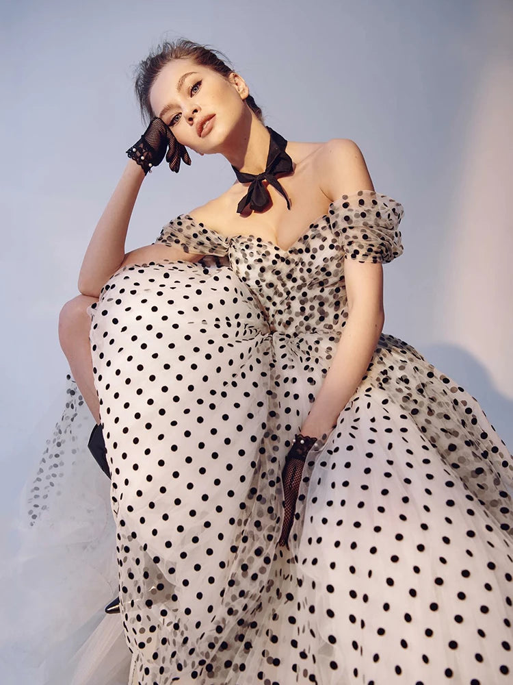 Vintage Dot Tulle Prom Dress | Elegant Princess Off-The-Shoulder Evening Gown | Tea-Length Empire-Waist Draped Ruffle Party Dress Luxegan