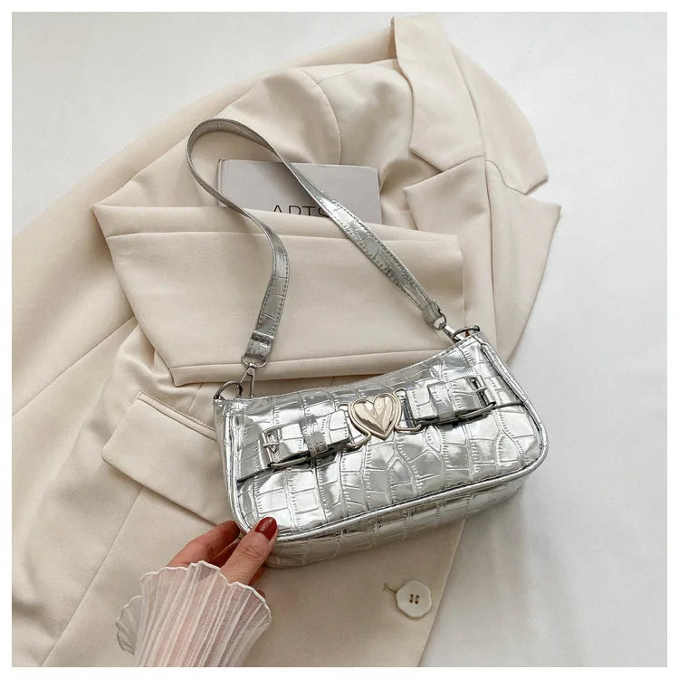 Women's Y2K Peach Heart Butt Leather Handbag | Alligator Pattern Underarm Shoulder Bag with Heart Pin Buckle (Fashion Girls Mini Tote) Luxegan