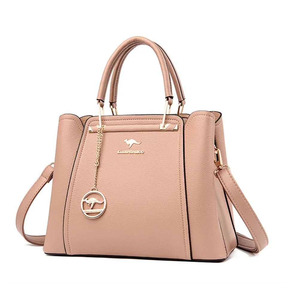 Luxury Women’s Designer 3-Layer Shoulder Bag | Large Capacity Microfiber Leather Crossbody | Sophisticated Shopper Tote with Kangaroo Logo & Pendant | Fashion-Forward Multi-Compartment Messenger Luxegan