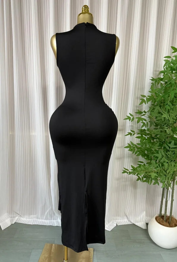 Women's Sleeveless Stacked Ruched Side-Up Dress | Sexy O-Neck Cocktail Evening Party Gown | Trendy Birthday Club Bodycon Maxi Dress | Premium Medium Stretch Brocade Empire Waist Pencil Vestido Luxegan 
