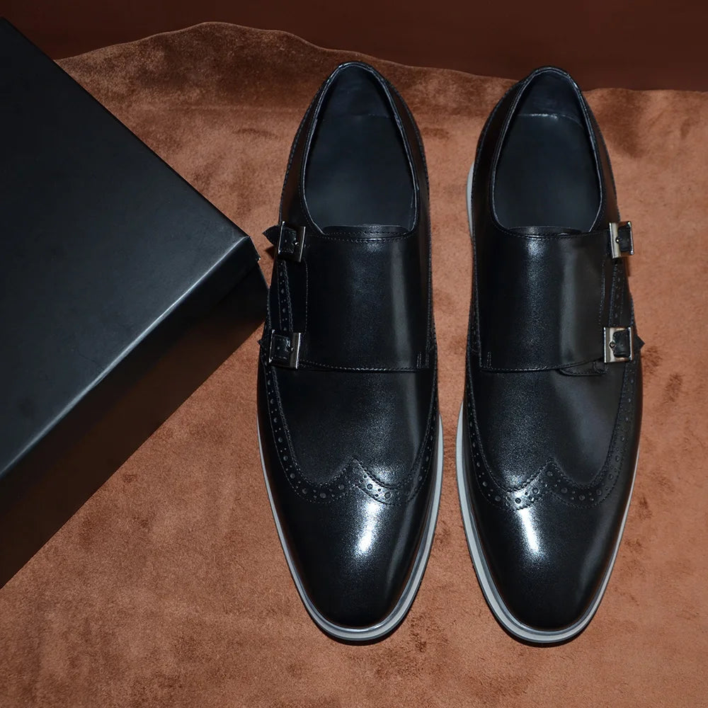 Classic European Luxury Monk Strap Sneakers | Sophisticated Double Buckle Wingtip Brogue | Elegant "Genuine Cow Leather & Suede" Silhouette | "Dignified" Sheepskin Insole & Non-Slip Rubber for Radiant Versatile Styling Luxegan