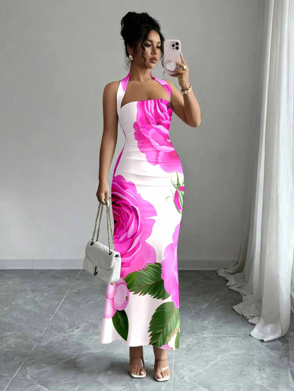 Print Slash Neck Spaghetti Strap Sleeveless Zip Detail Regular Fit Sheath Ankle-Length Dress – Slight Stretch Polyester-Elastane, Summer Luxegan