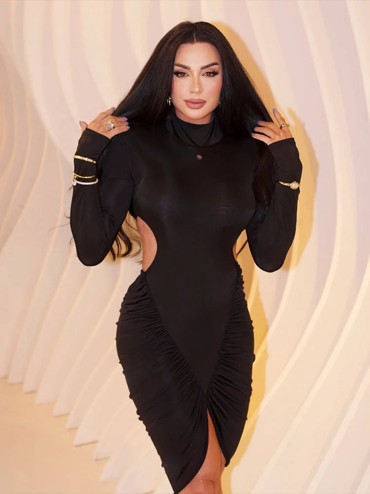 Sisterlinda Ruched Elegant Dress Women Autumn Turtleneck Full Sleeve Hollow Waistless Backless Street Sexy Fashion Mini Bodycon