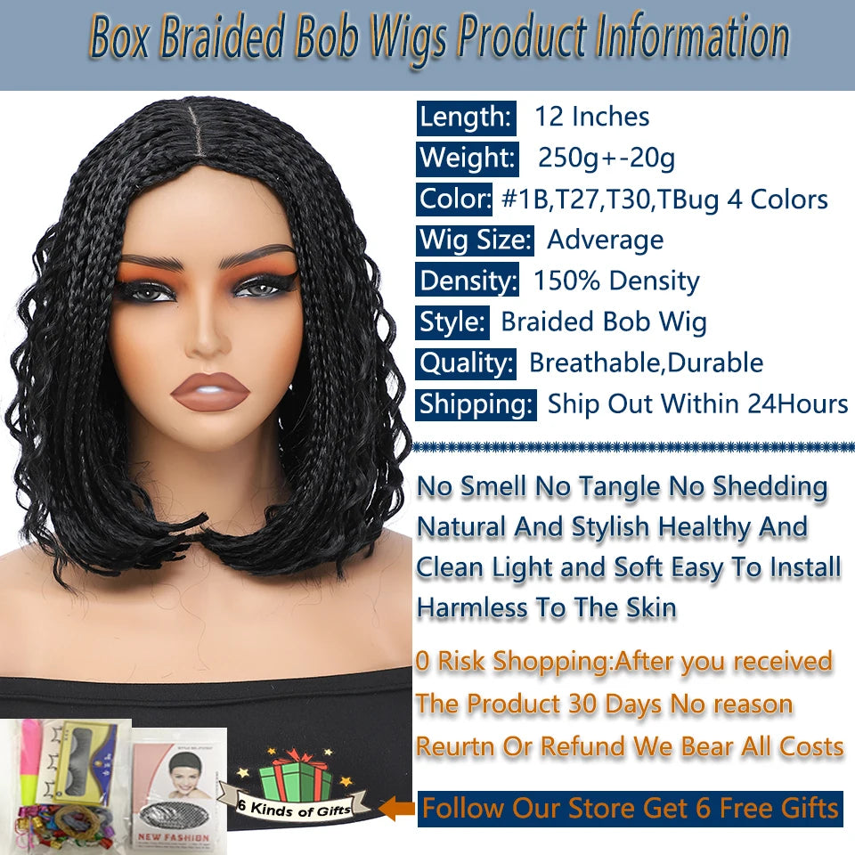 New Style Bob Box Braided Wigs For Black Women 12inches Synthetic Box Braids Crochet Hair Wigs On Sale Clearance Short Black Wig Luxegan