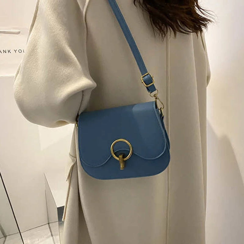 PU Leather Saddle Bag with Fashion Lock | Solid Color Flap Crossbody Purse Luxegan