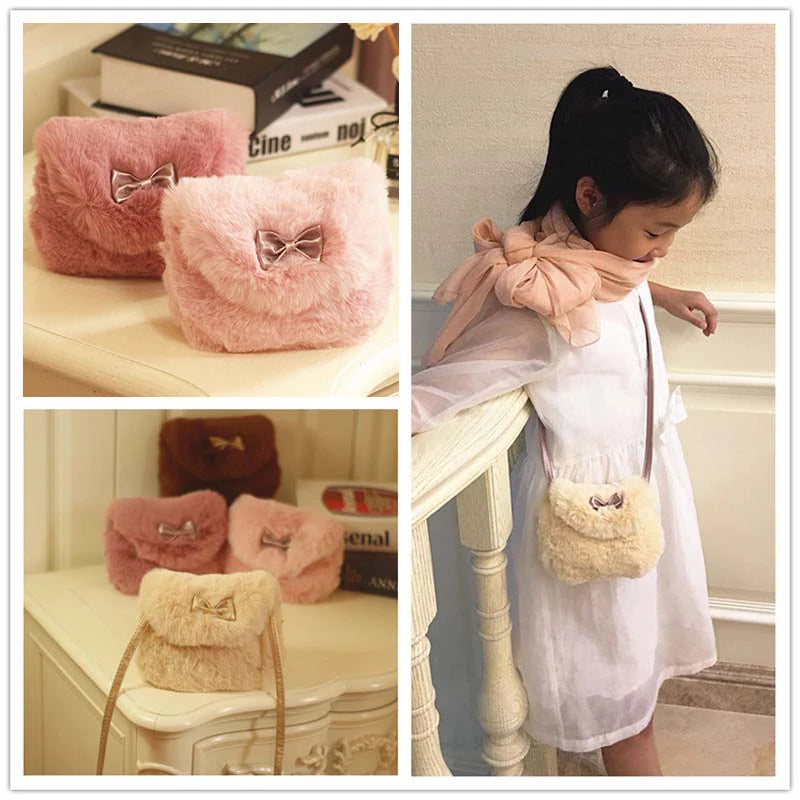 Children's Winter Plush Faux Fur Shoulder Bag | Princess Girl’s Soft Messenger Bag | Kids' Fashion Animal Print Handbag | Cozy Cotton-Lined Mini Backpack & Coin Purse Luxegan