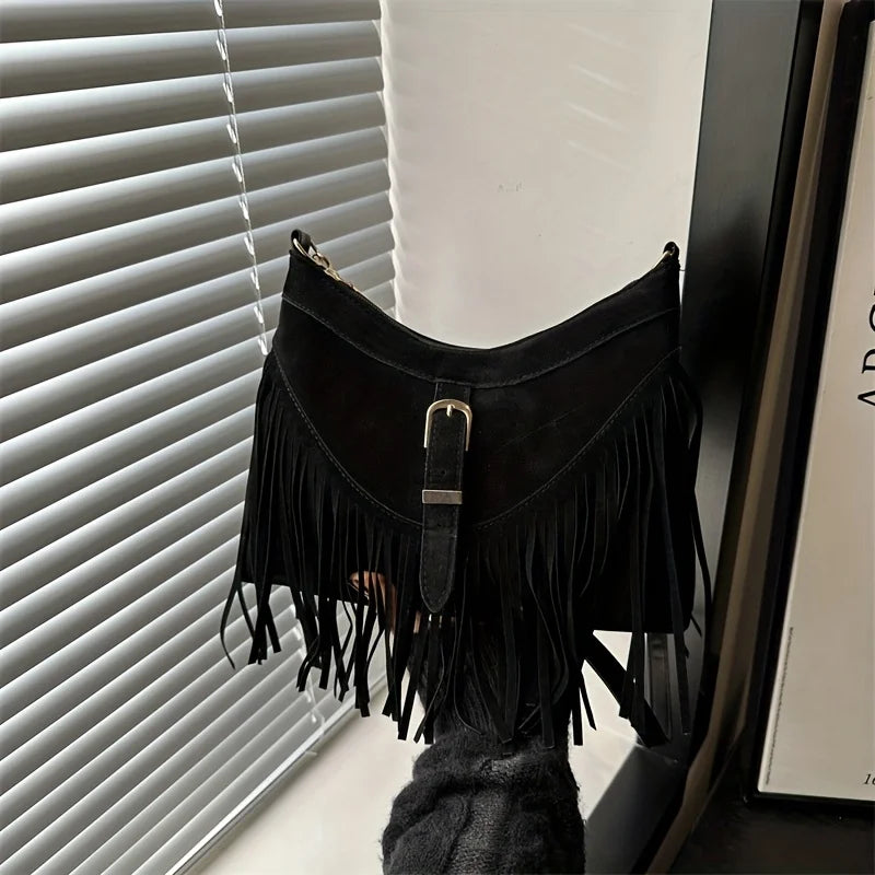 Women’s Vintage Faux Suede Messenger Bag | Western-Style Tassel Crossbody with Sequined Accents | Lightweight Fashion Satchel with Adjustable Detachable Strap Luxegan