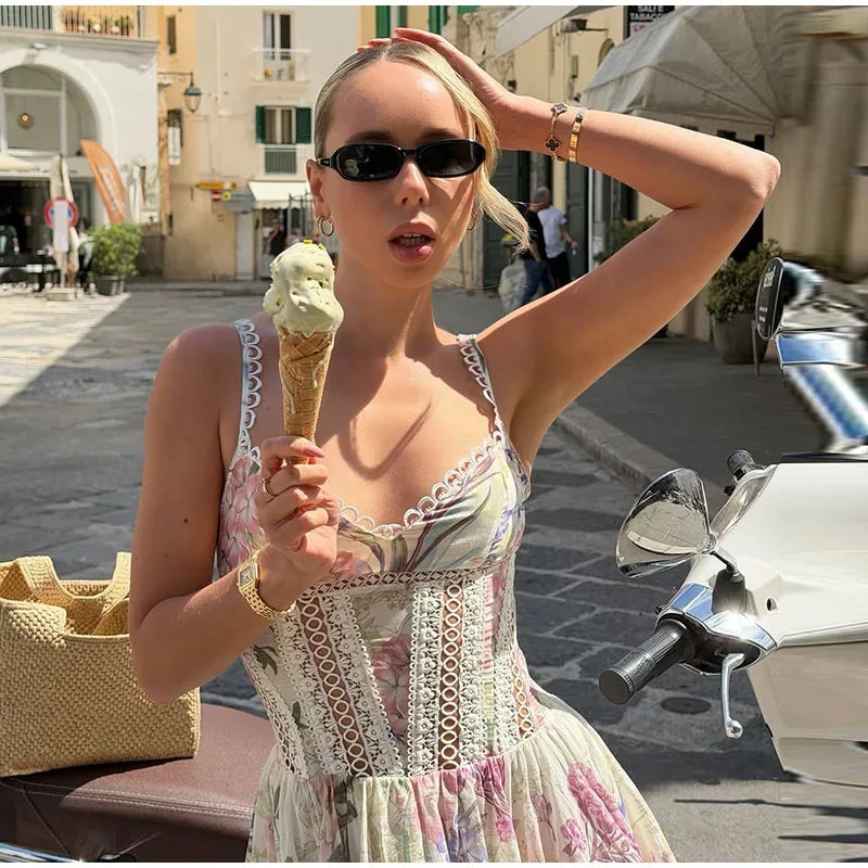 Floral Print Lace Patchwork Mini Dress Sleeveless Flared Hem Waist-cinching Spaghetti Strap Dresses Summer Chic Elegant Gown
