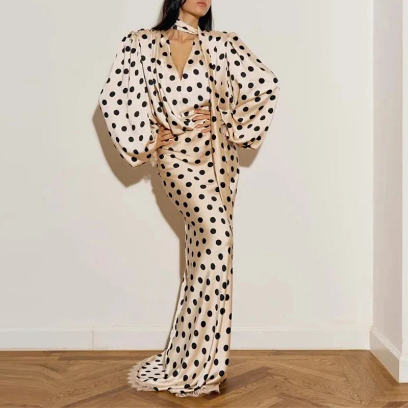 Women's Polka Dot Printed Satin Banquet Dress | Elegant High-Waist V-Neck Maxi Dress | Long-Sleeve Ruffle Spring Autumn A-Line Gown Luxegan
