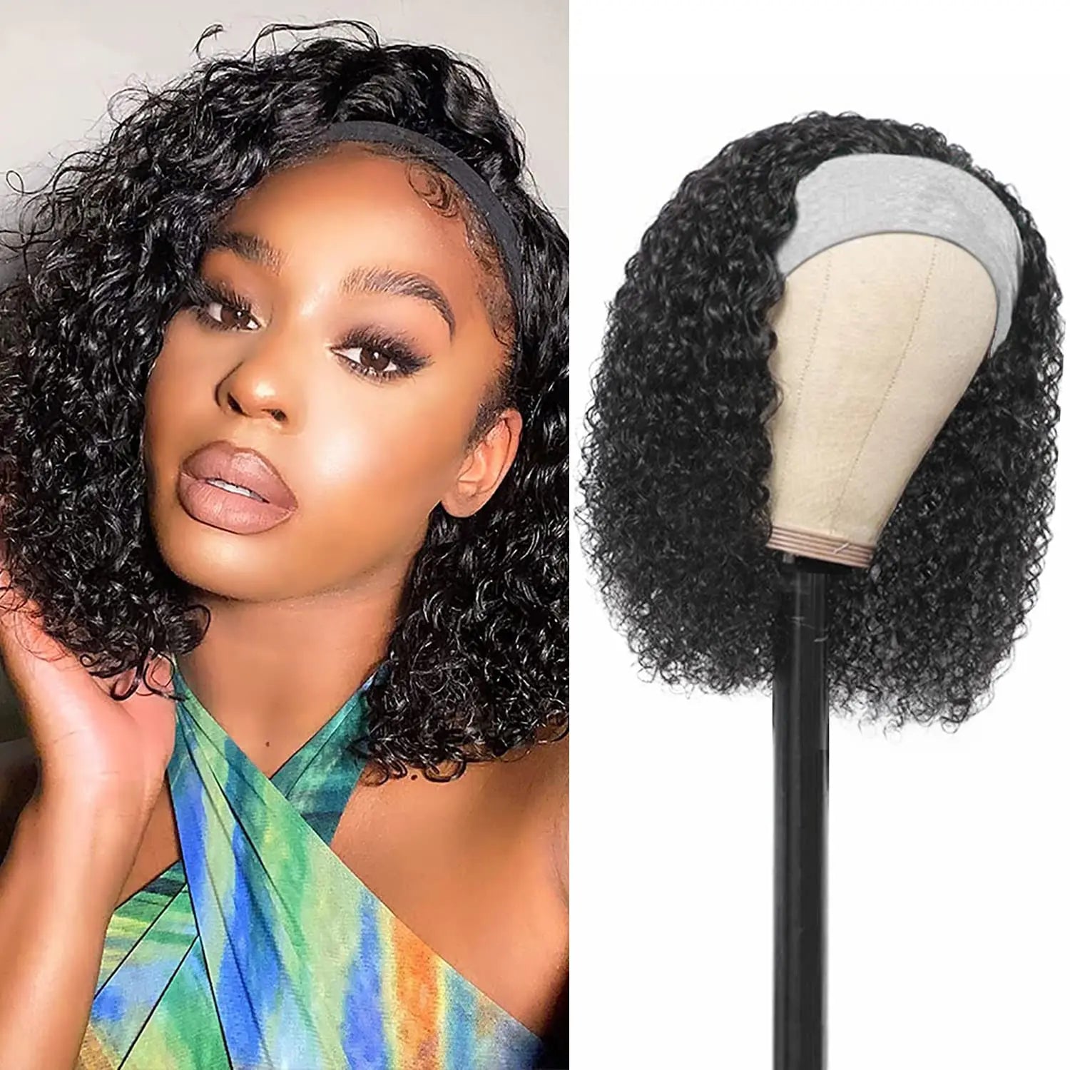 Kinky Curly Headband Bob Wig | Sophisticated "Short-to-Long" Brazilian Silhouette | Elegant "Glueless" Curly Hairpiece | "Dignified" Natural Black Human Hair Wig for Radiant Versatile Styling Luxegan
