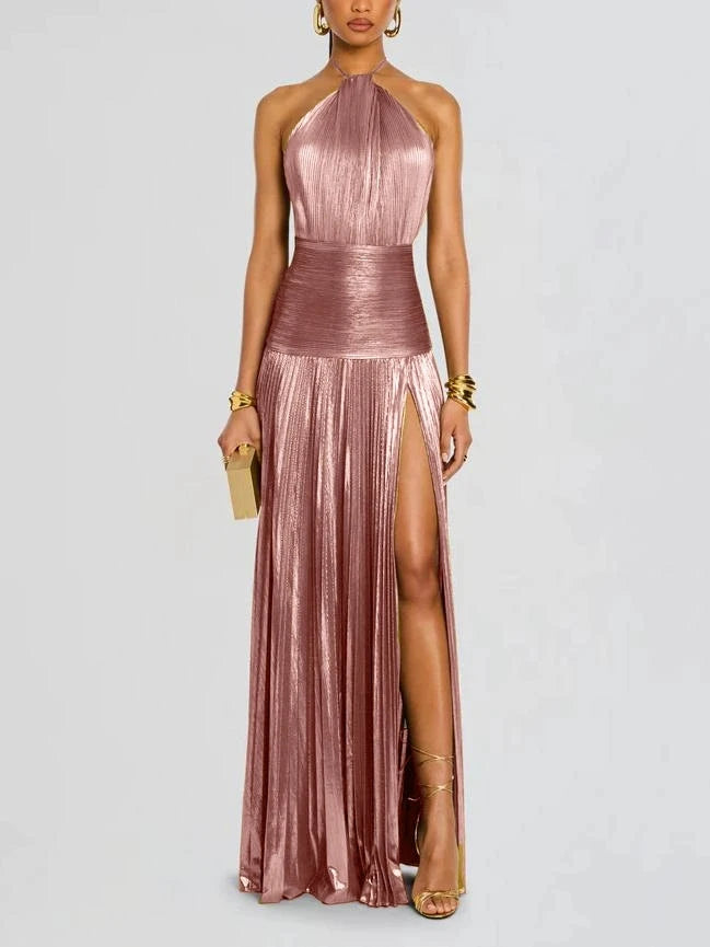 Women's Gold Halter Neck Evening Dress | Chic Solid Color Pleated Backless Party Gown | Slim Fit Package Hip Slit Maxi Dress | Trendy Summer Streetwear Vestido Model 8155 Luxegan